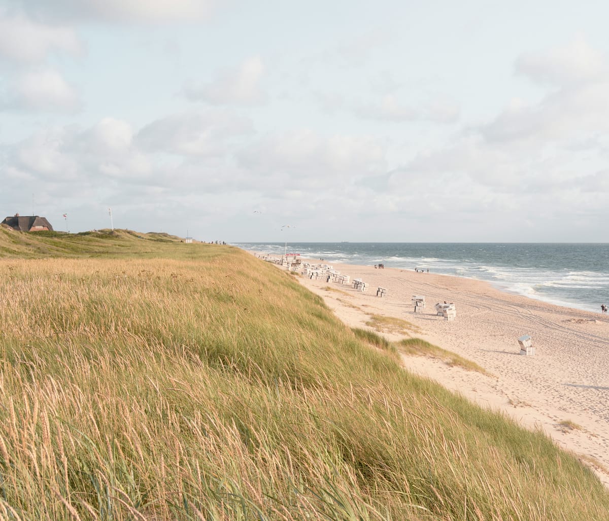 Bewachsenes Hochufer über einem Sandstrand mit Strandkörben
